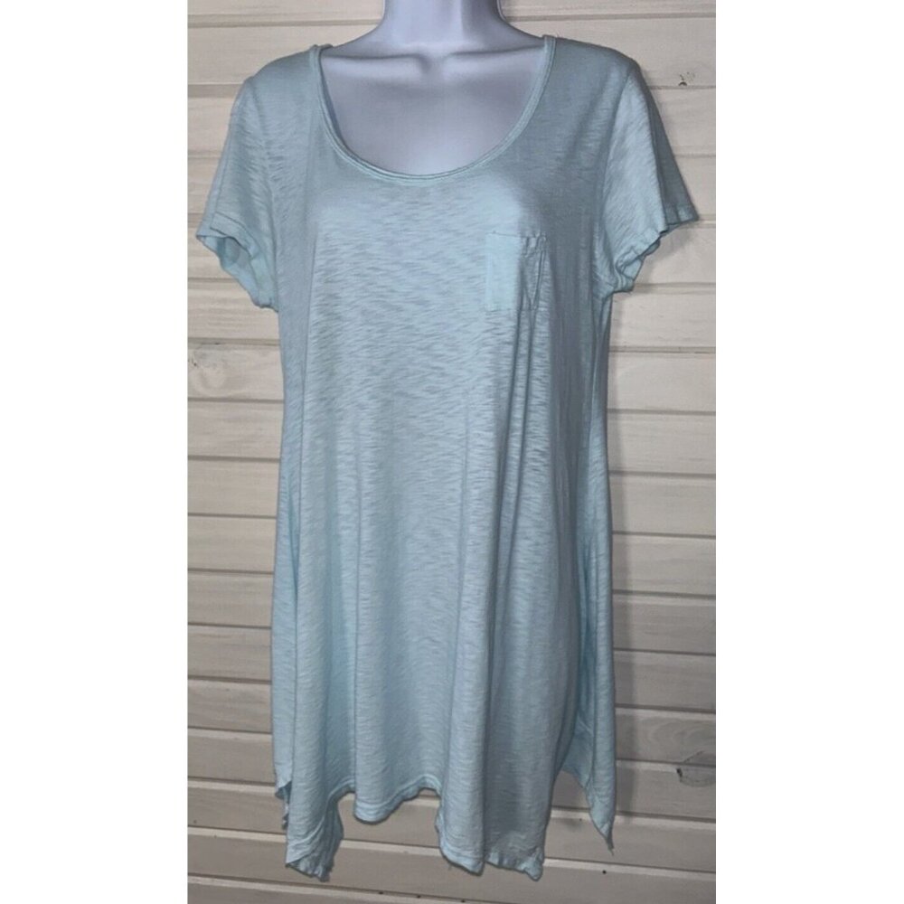 Fresh Produce Sz LARGE Aqua Blue Pocket Tee T-Shirt Cotton Sharkbite Hem EUC